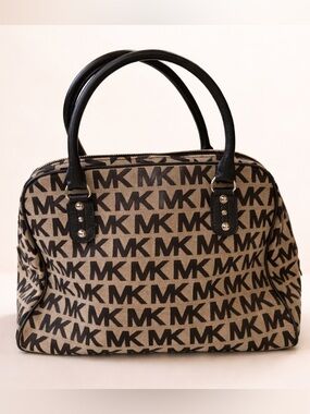 Michael Kors Black & Tan MK Monogram Handbag - Tan & Black with Gold Accents